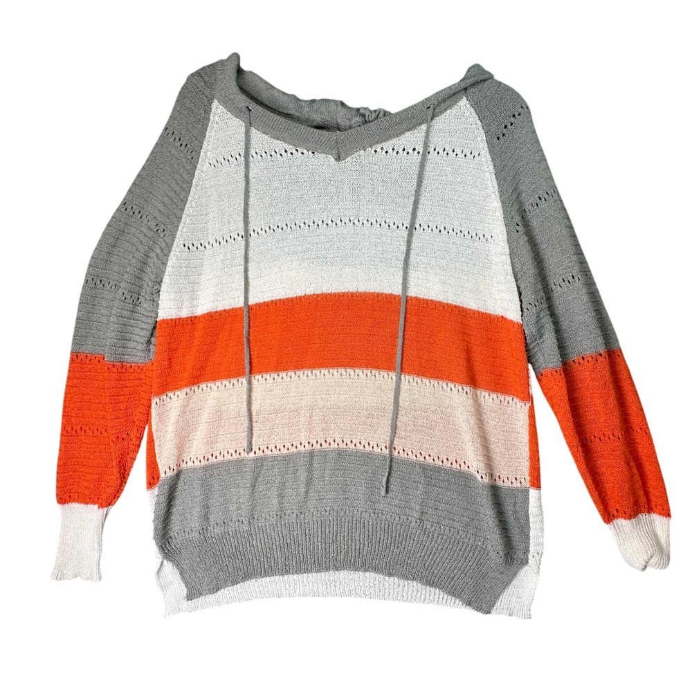 Colorblock Striped Pointelle Knit Hoodie Sweater Boho Orange Gray L Hippie